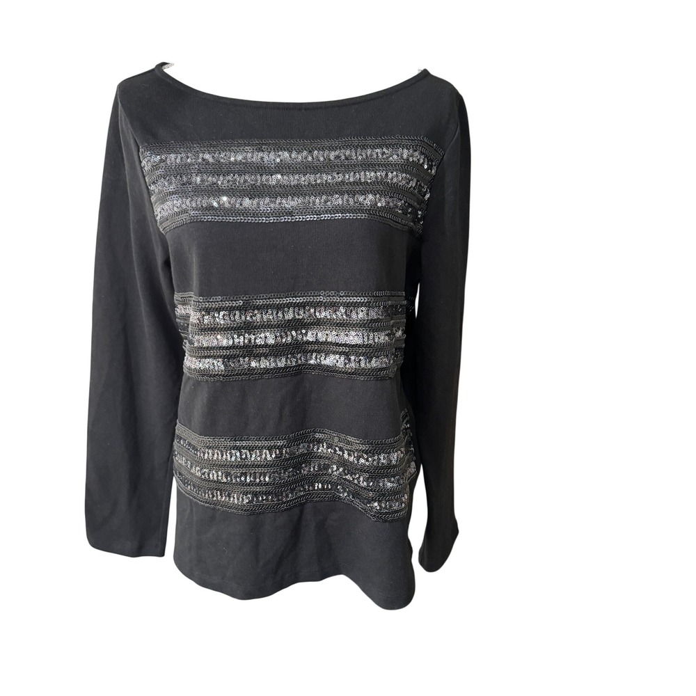 Banana Republic Black Sequin Stripe Long Sleeve Top Boatneck Cotton Shirt L NWT
